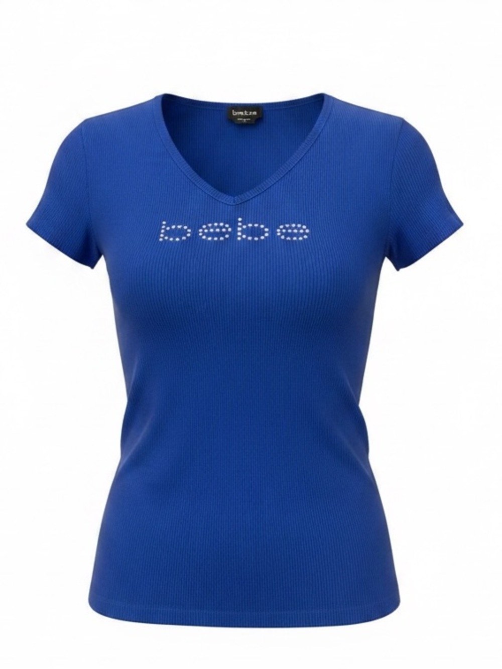 BEBE Crystal Lettering Y2K V-Neck Ribbed Tee Top